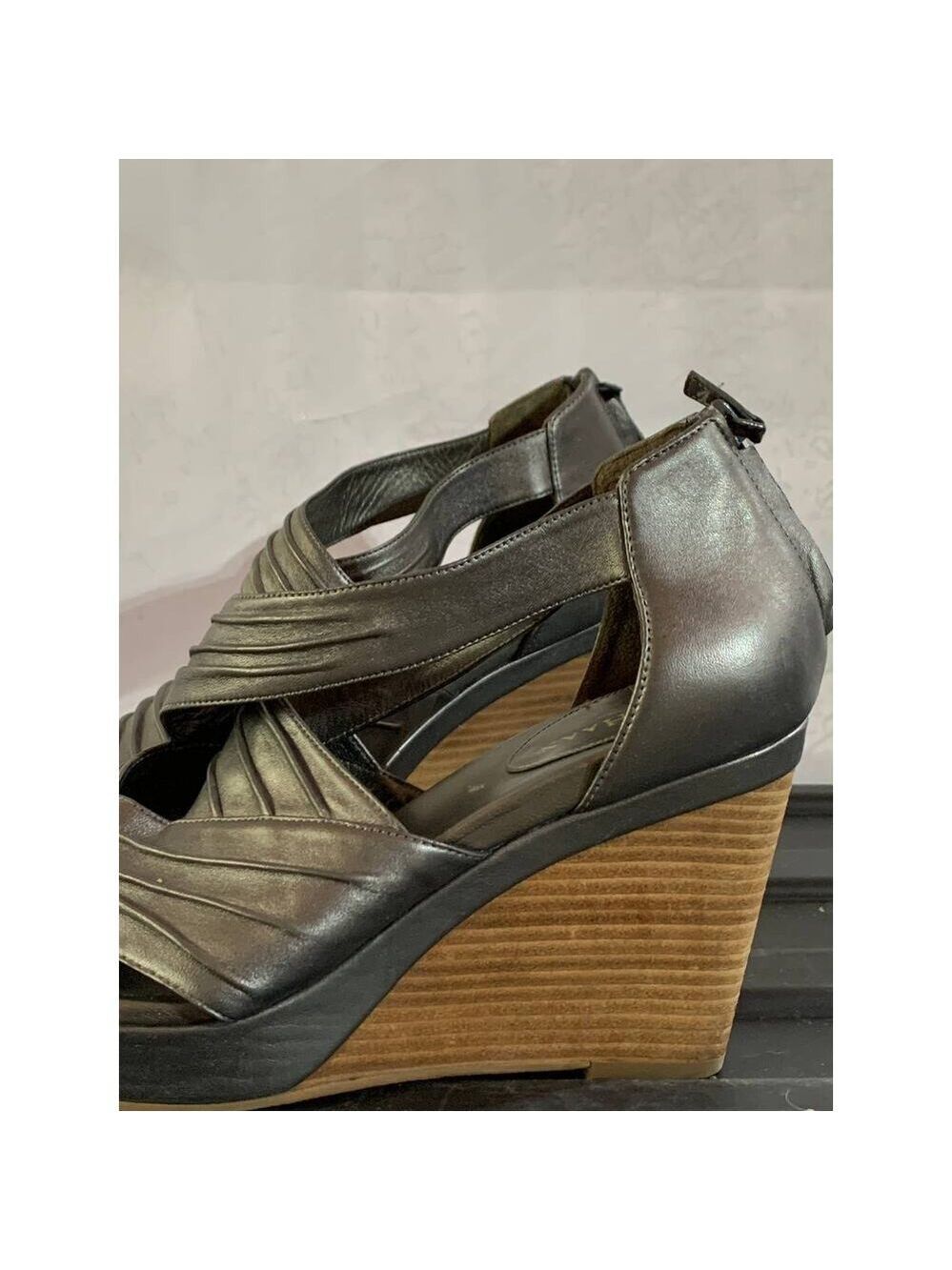 Cole haan silver wood grain platform wedge open toe 10.5 back zip - Picture 2 of 6